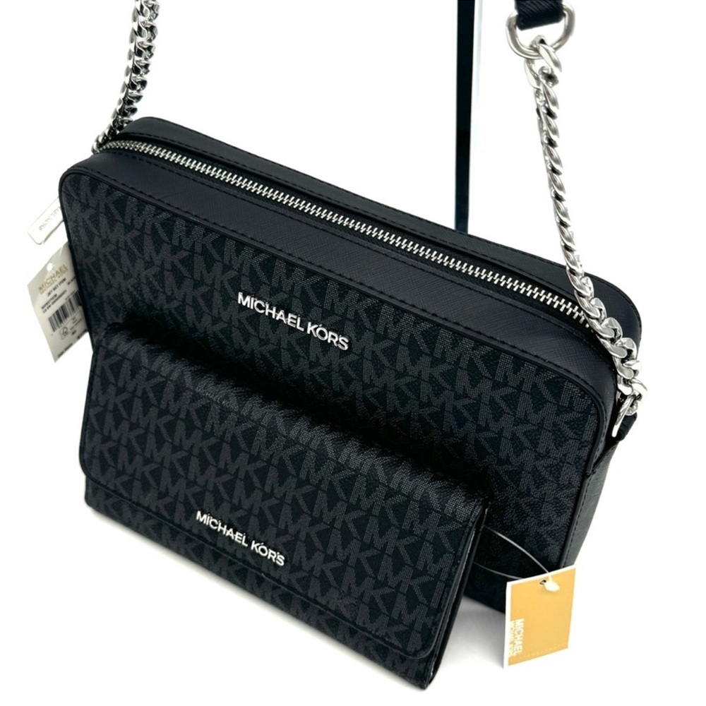 Michael Kors Large Jet Set Item EW Crossbody Bag & Large Trifold Wallet Black - Picture 9 of 11
